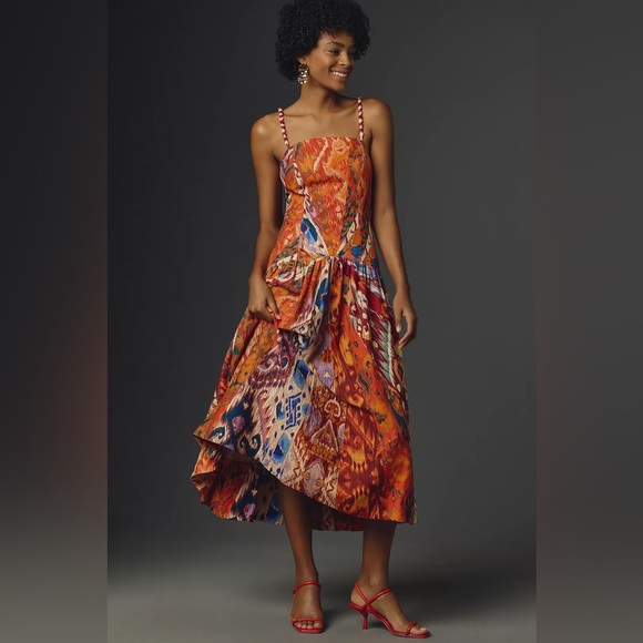 Farm Rio x Anthropologie Sleeveless Midi Dress new size large orange drop waist - Picture 1 of 12